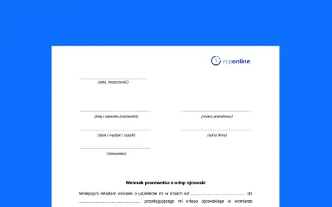 Formularz wniosku o urlop ojcowski. Wypełnij dane pracownika i pracodawcy, aby złożyć wniosek.