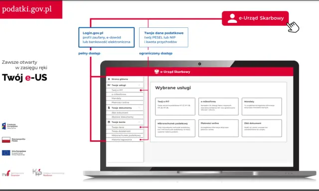 e-Urząd Skarbowy: Twoje usługi online. Pełny dostęp do informacji skarbowej, zeznań PIT, e-mikrofirmy i mandatów.