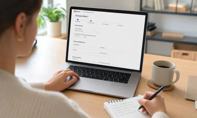 Kobieta wypełnia wniosek CEIDG-1 na laptopie, przygotowując się do prowadzenia działalności gospodarczej.