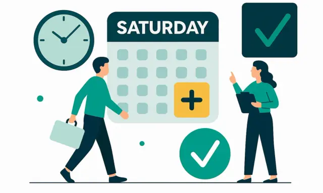 Mężczyzna z teczką idzie do pracy w sobotę. Obok kalendarza z zaznaczonym dniem "SATURDAY" i symbolem plusa, kobieta wskazuje na zielony znaczek potwierdzenia.