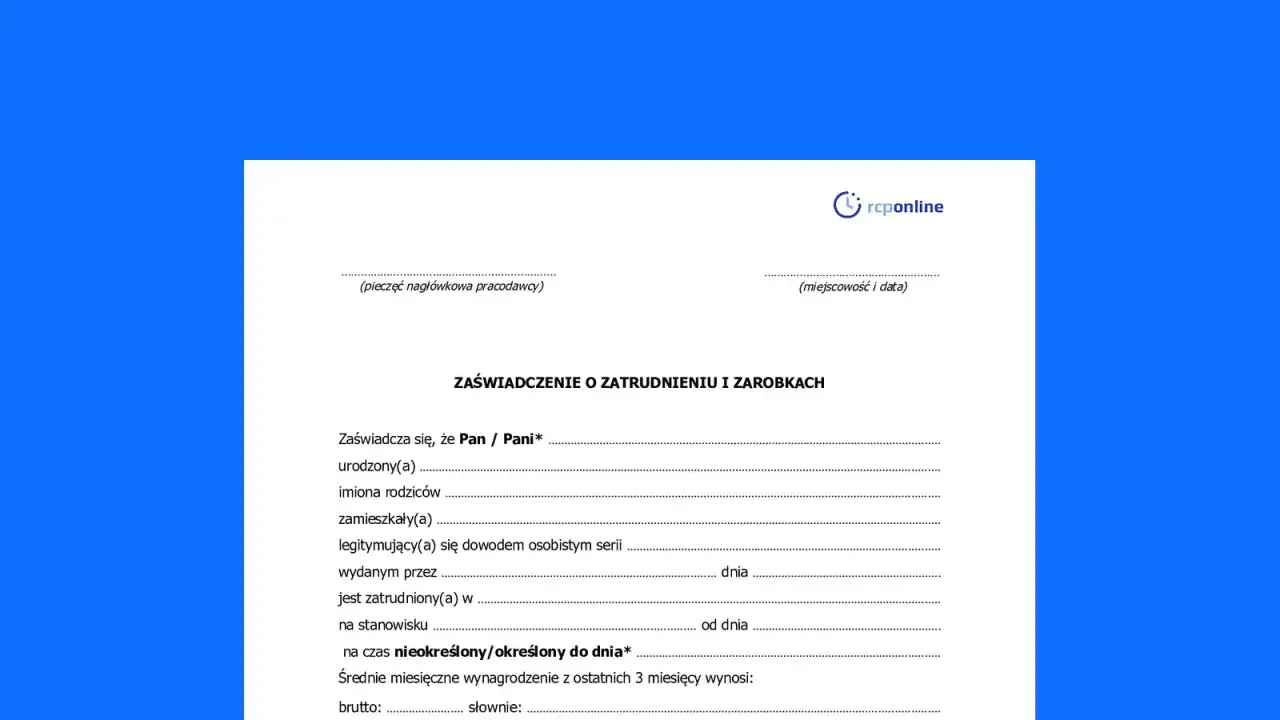 Zaświadczenie o zatrudnieniu i zarobkach od pracodawcy, zawierające dane osobowe, okres zatrudnienia i wynagrodzenie.